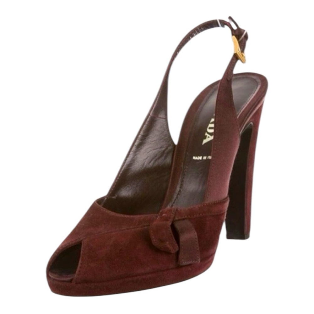 Authentic PRADA Vintage Plum Suede Open Toe Slingback Platform Pump Size 7.5